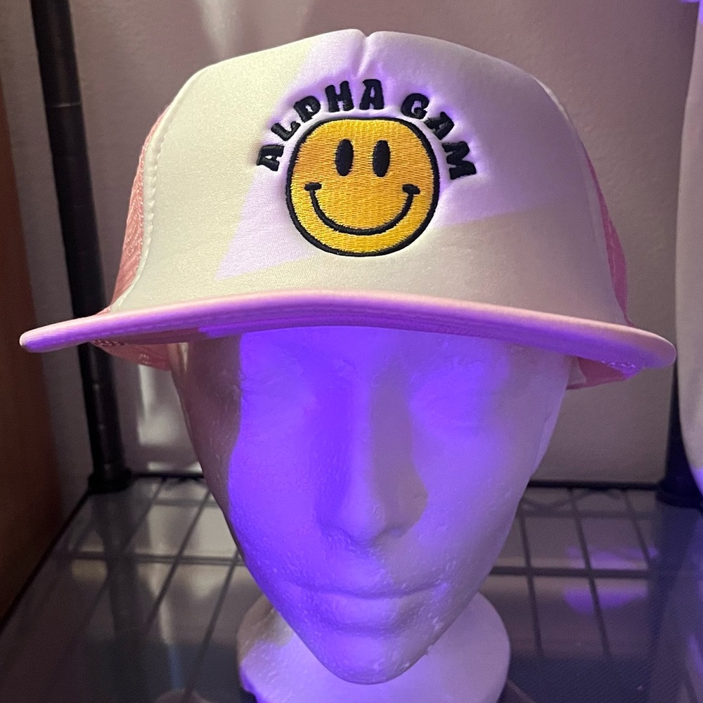 Alpha Gamma Delta Pink Smiley Face Cameo Trucker Hat Mesh Cap
